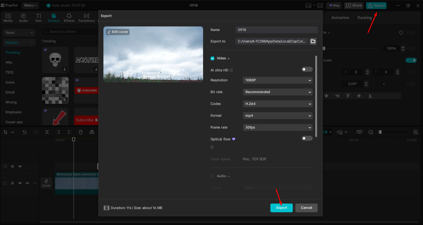Exporting video from the CapCut desktop video editor