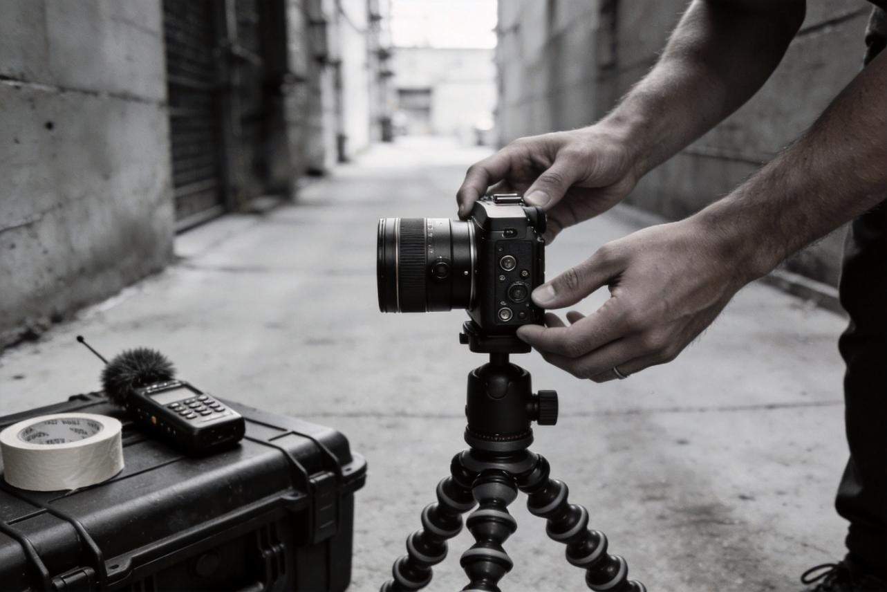 Hands adjusting a camera on a tripod in an alley, with recording gear on a case