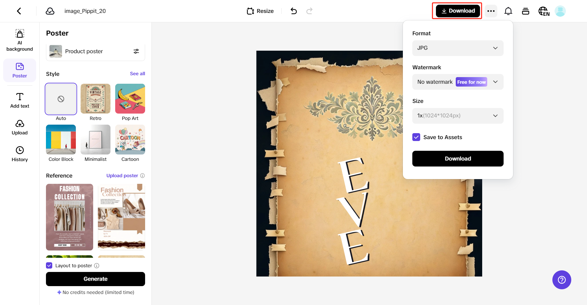 Exporting sales poster from Pippit