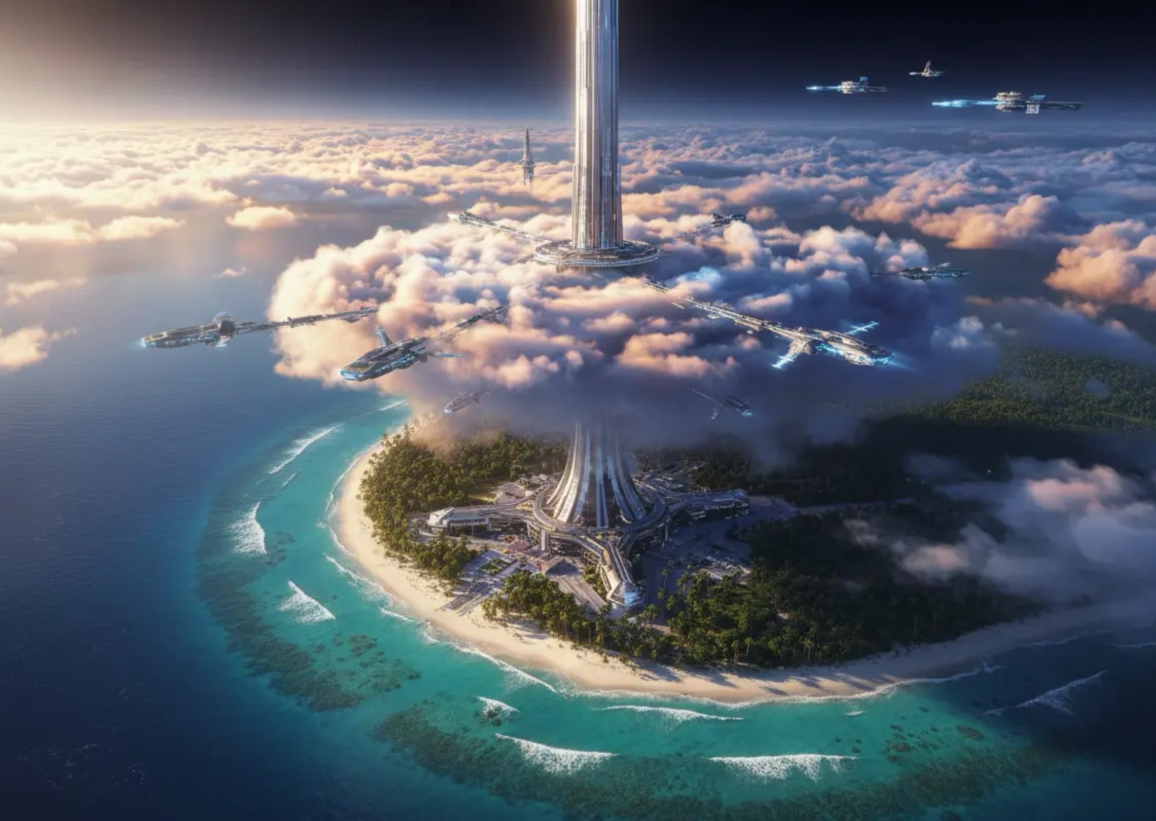 Tropikal kıyı şeridinden yörüngeye yükselen yüksek teknoloji ürünü bir uzay asansörü