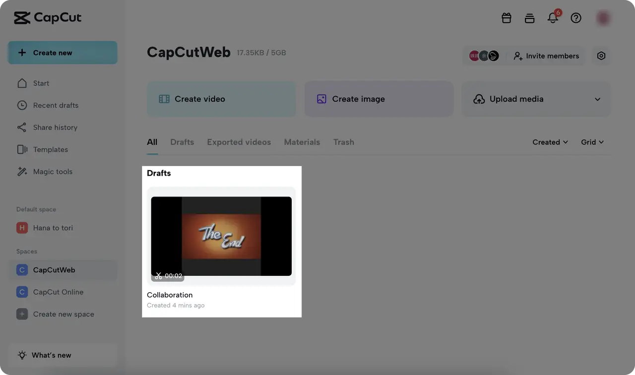 Find the video from the draft section