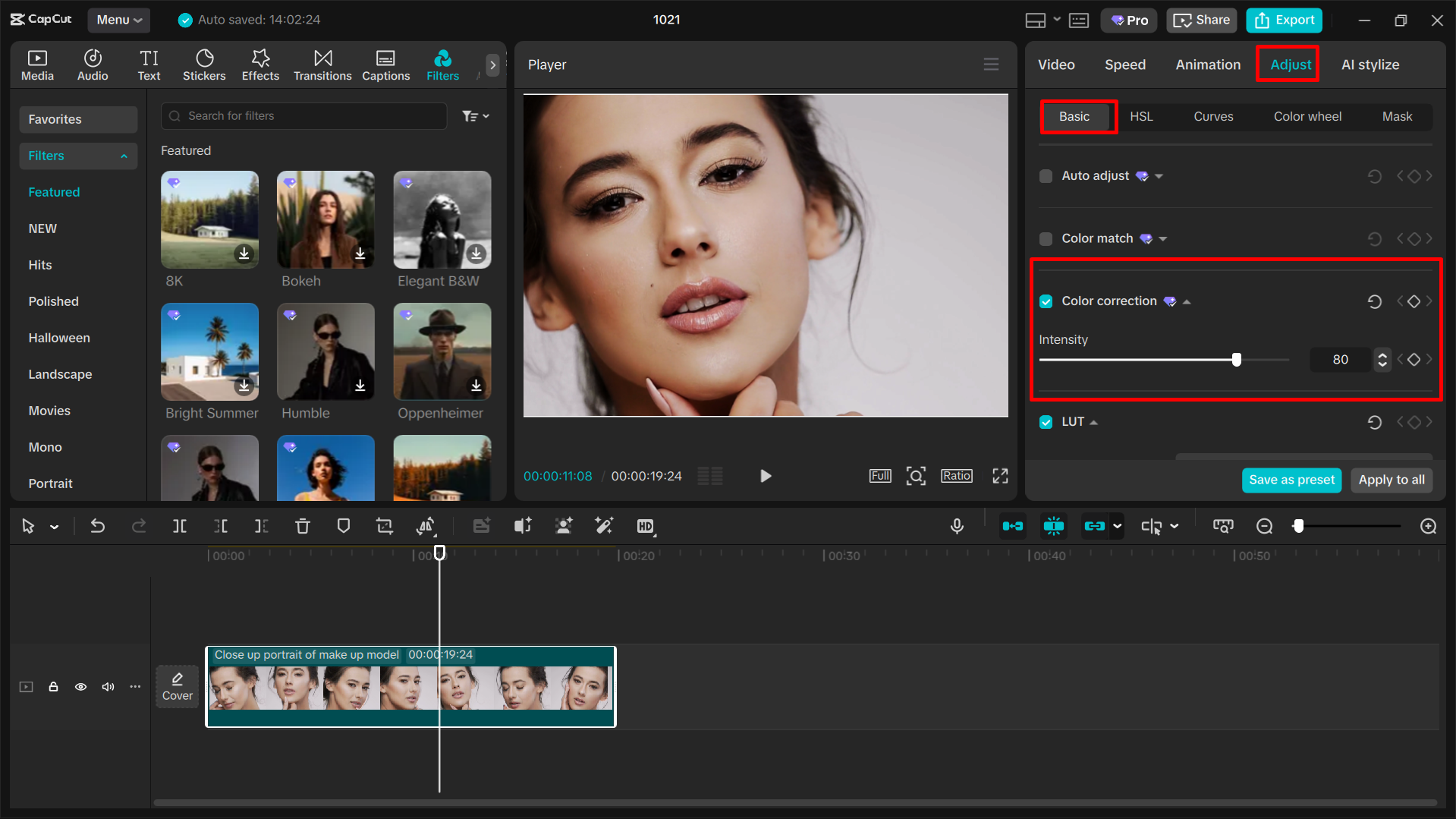 Using the color correction tool in the CapCut video converter in hd quality free download