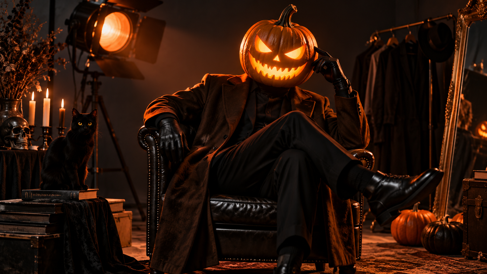 Surreal pumpkin studio: Fictional adult with glowing carved pumpkin head in a dark fashion studio, dramatic orange rim light, clean background