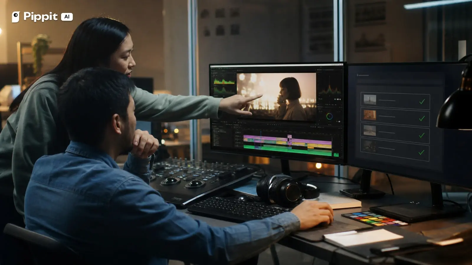 A video editing team compares an advertisement preview with an approval checklist on a second monitor.
