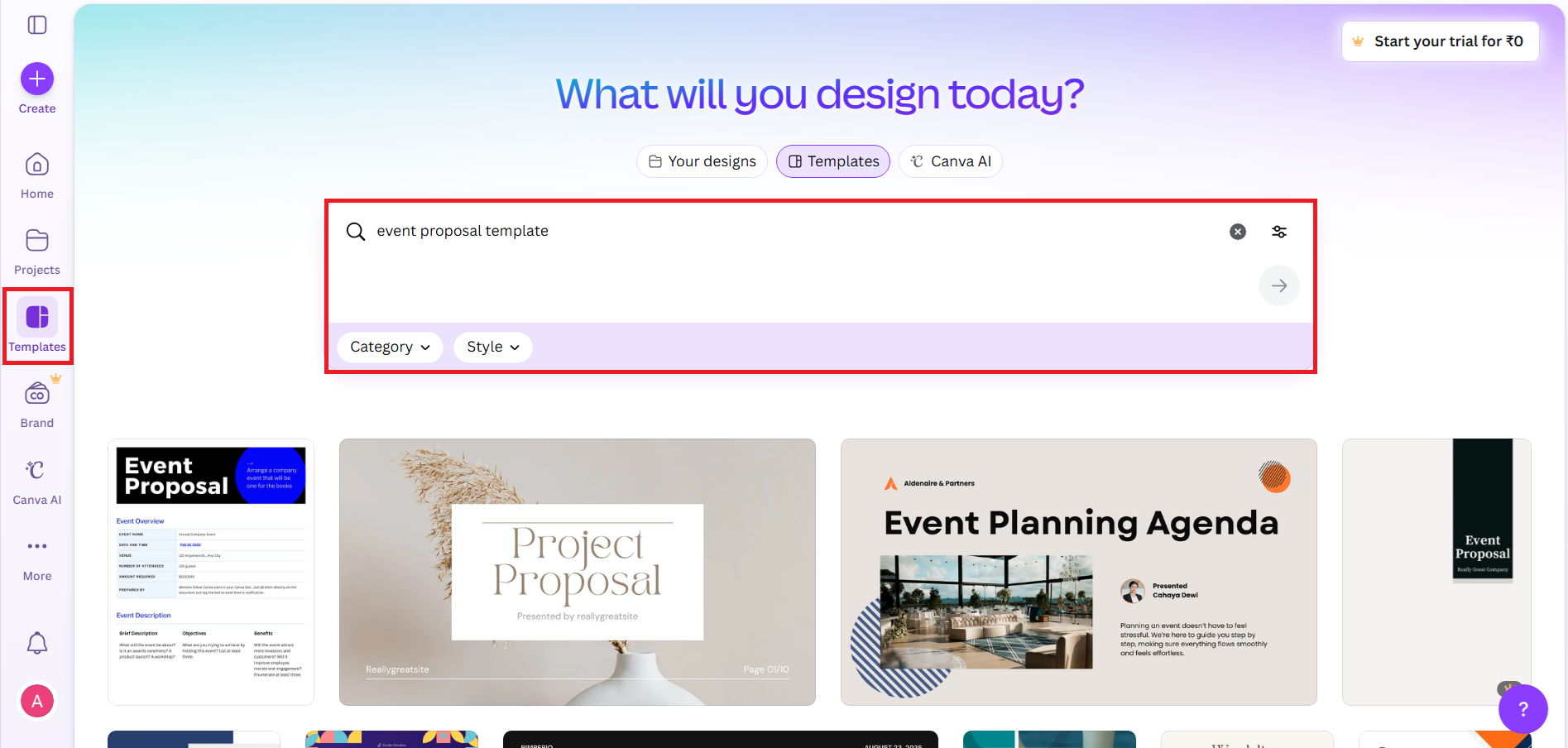 Search for an event proposal template
