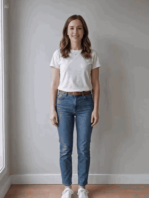 Woman standing against a wall in a white T-shirt and jeans