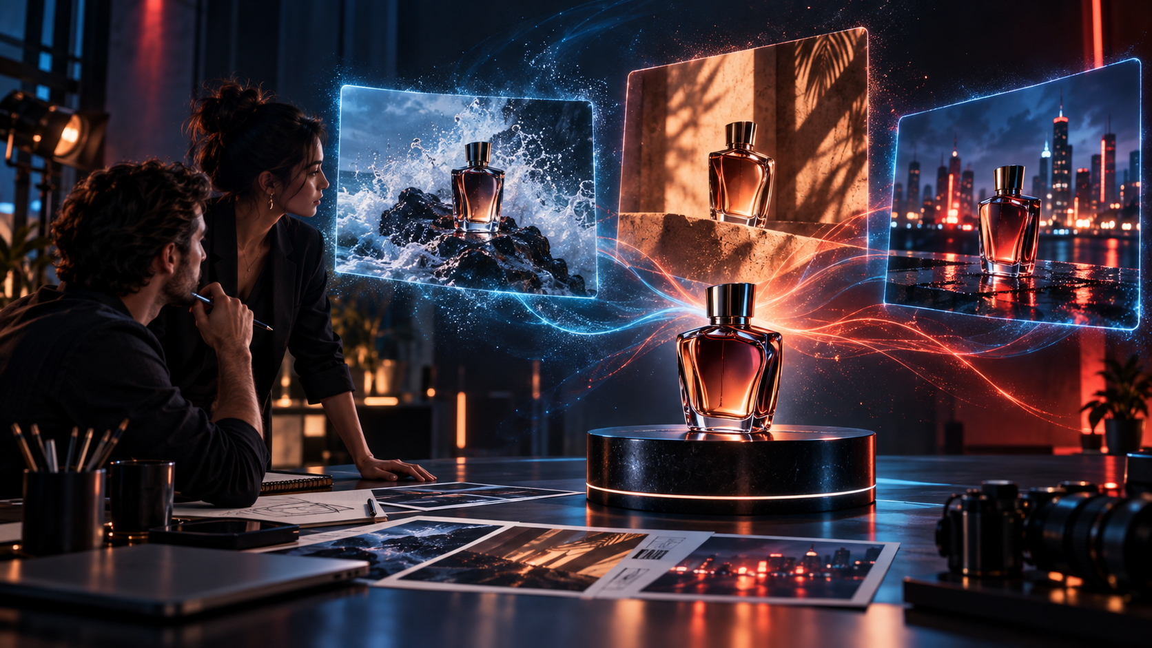 Creatief team dat AI-productvideoconcepten ontwikkelt voor e-commerce en reclame