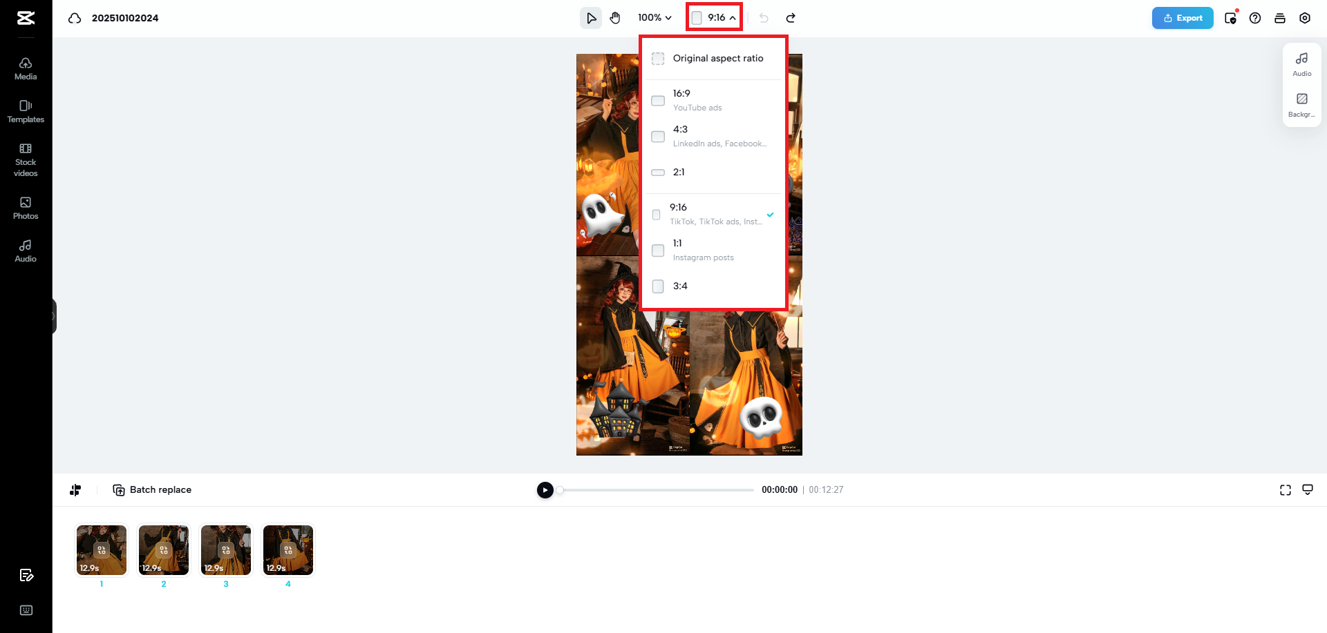 Select the correct aspect ratio for your TikTok video template