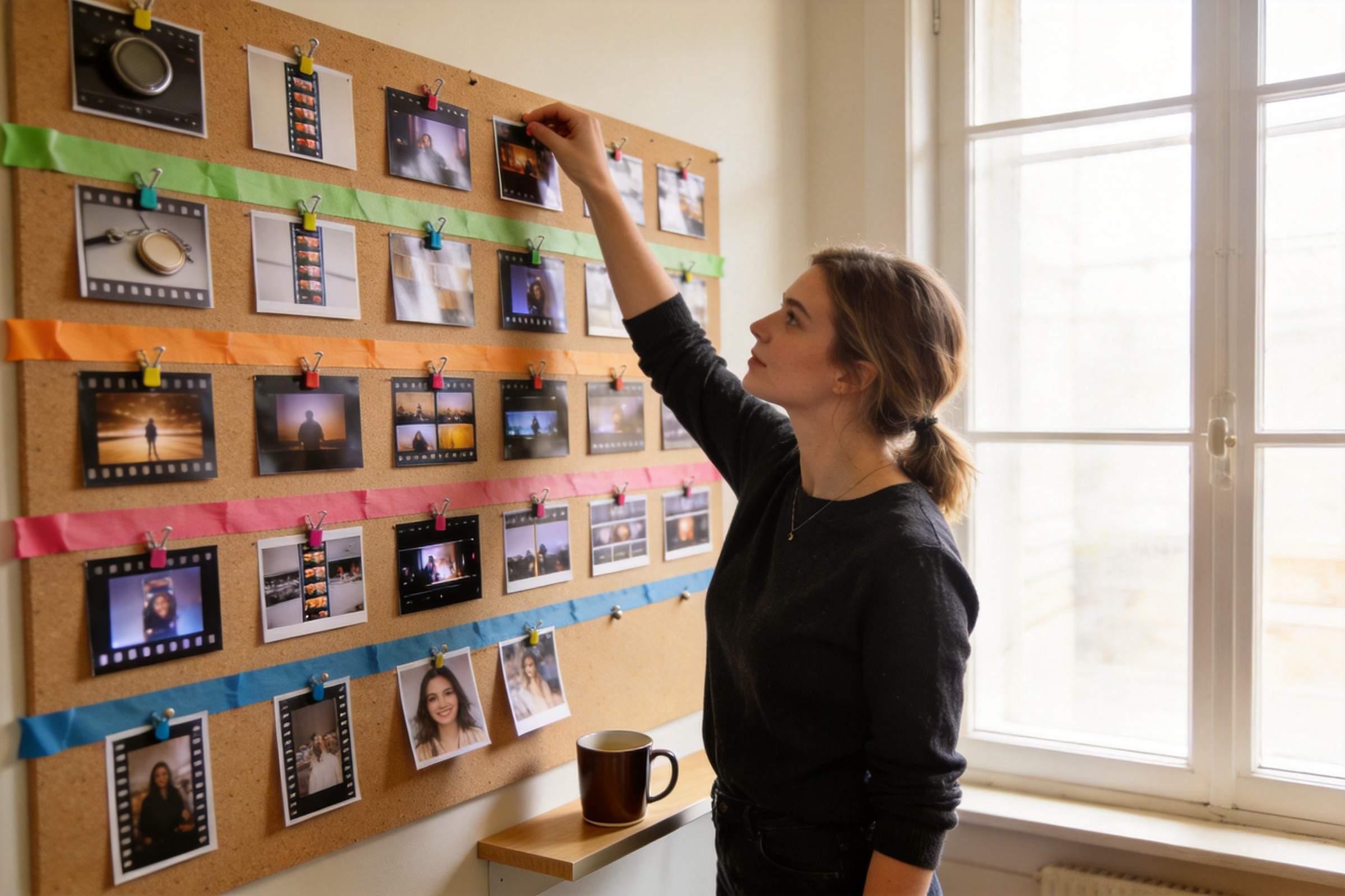 Woman pinning photos and film frames on a cork board beside a bright window