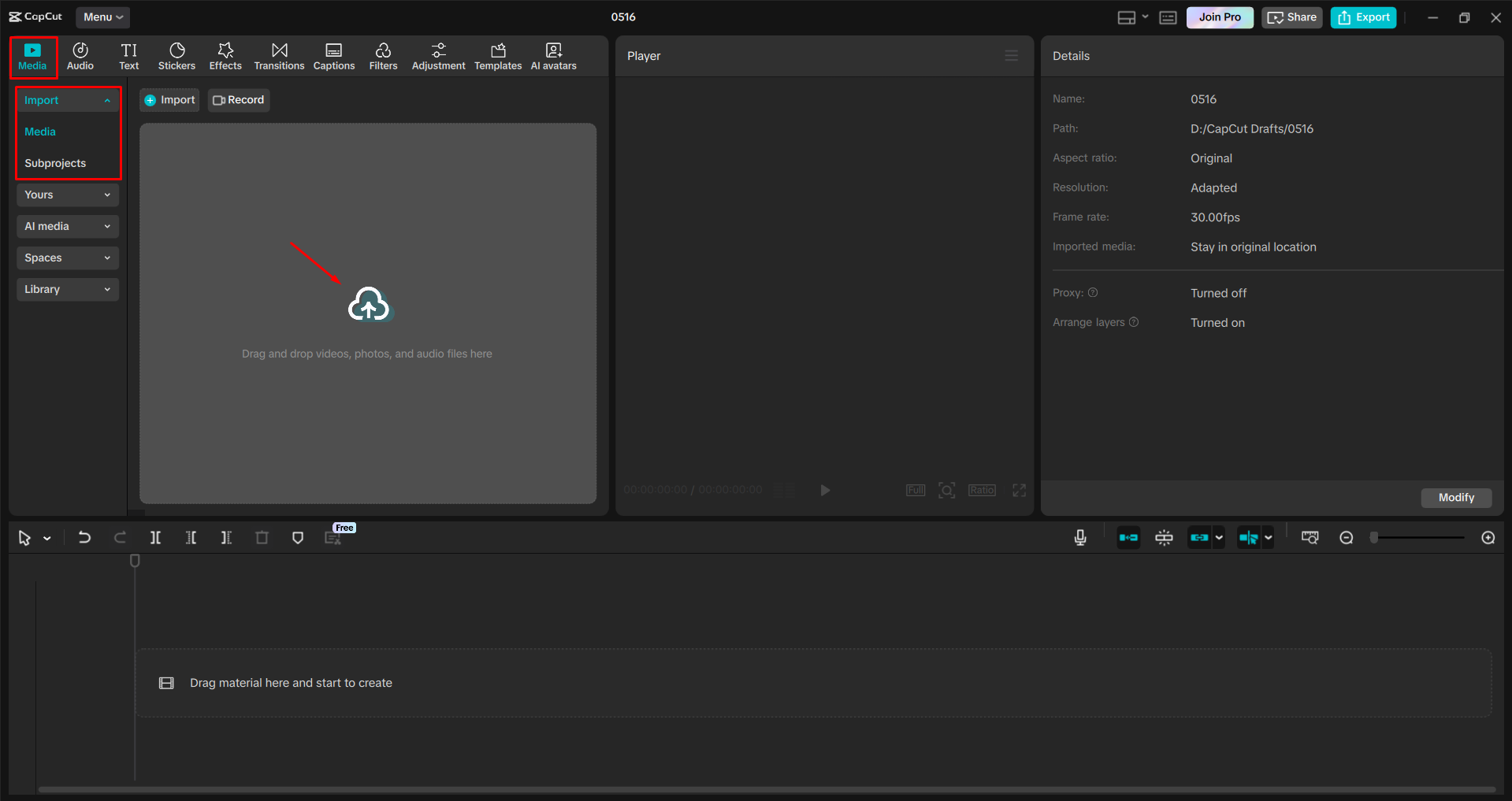 Importing a video into the CapCut desktop video editor