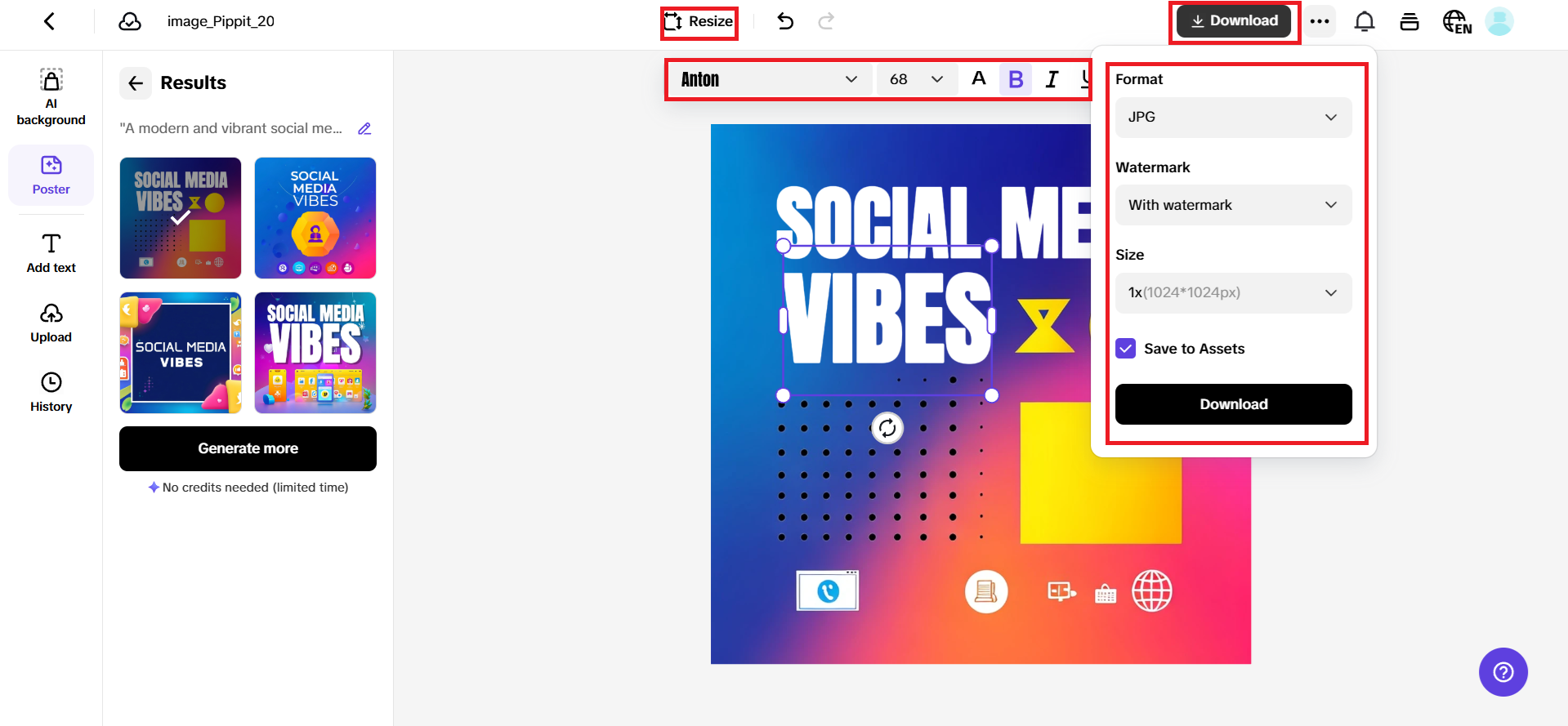 Select, edit text, and download your poster