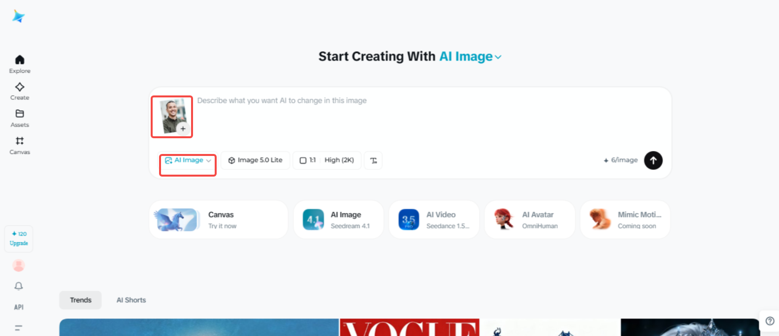 Truy cập tính năng "AI Image" trong Dreamina