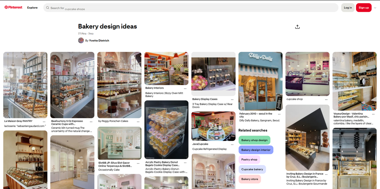 Interface of Pinterest - a site with diverse bakery shop interior designs