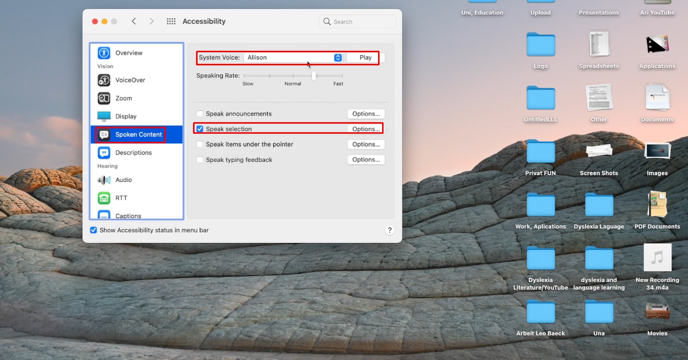 Seleccionar el contenido hablado para habilitar el texto a voz en Mac