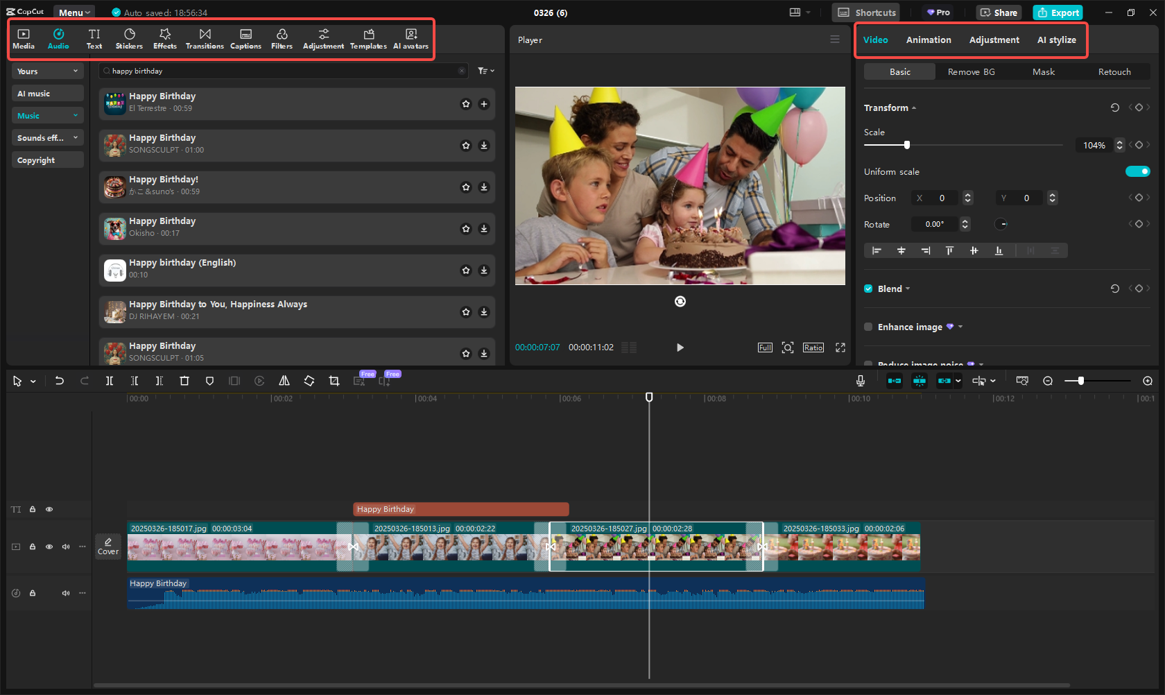 誕生日のビデオを編集して強化する