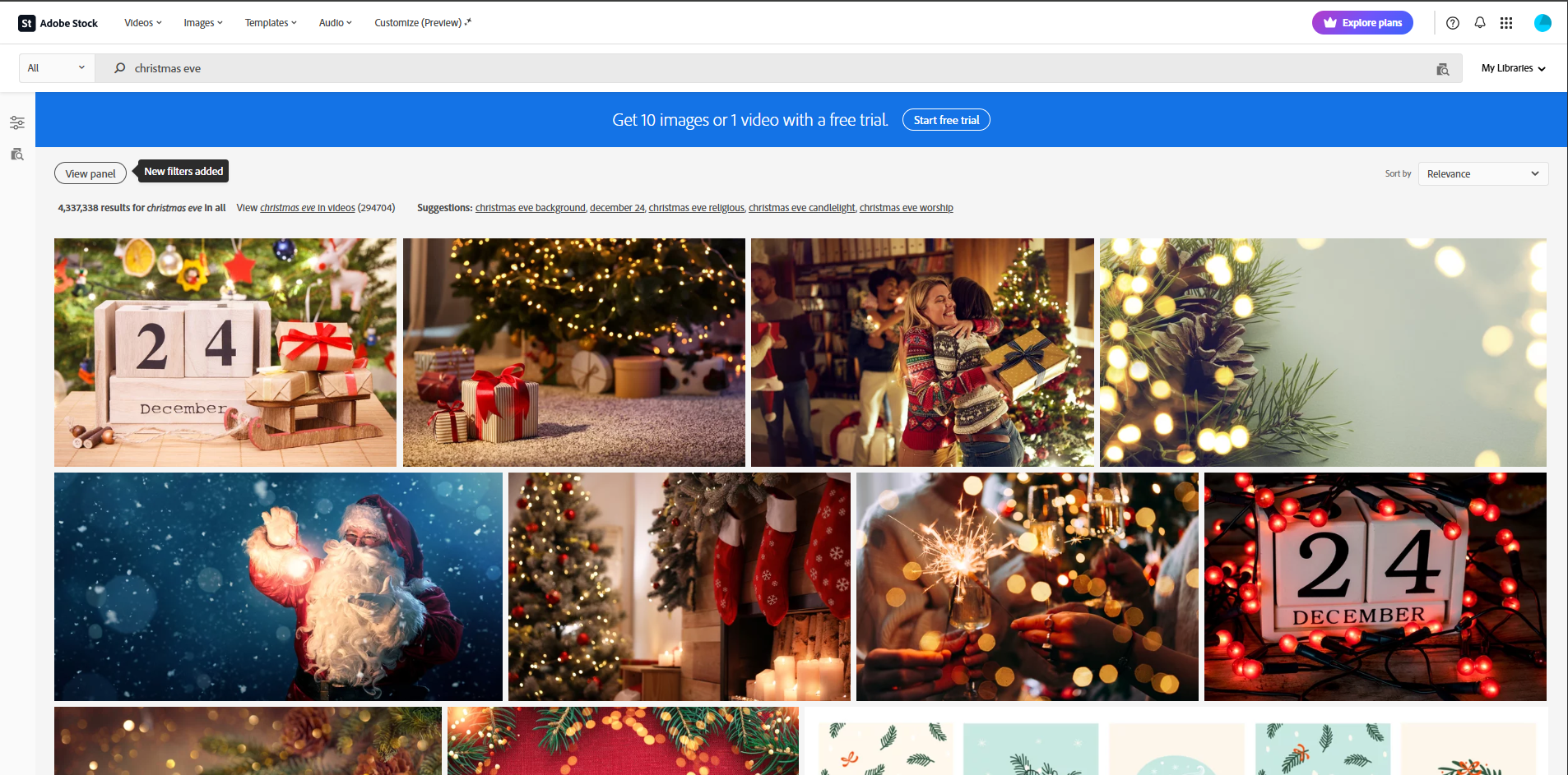 Interface of Adobe Stock - a site with versatile Christmas Eve images