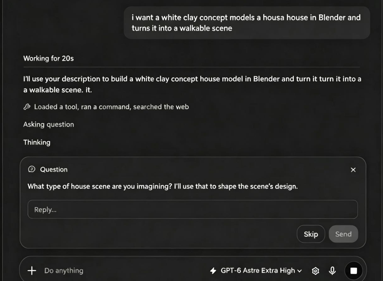 Using GPT-6 Astra to define a white-clay 3D house concept and scene