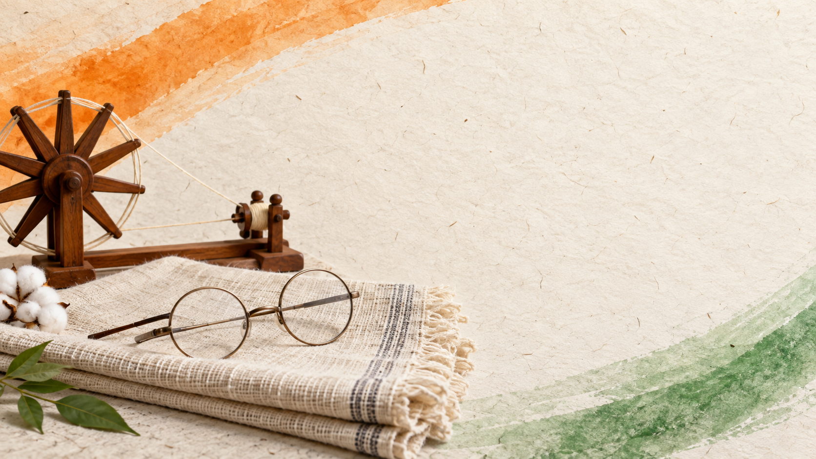 a restrained commemorative poster built from khadi, spectacles, a spinning wheel, a dove, and handmade-paper texture
