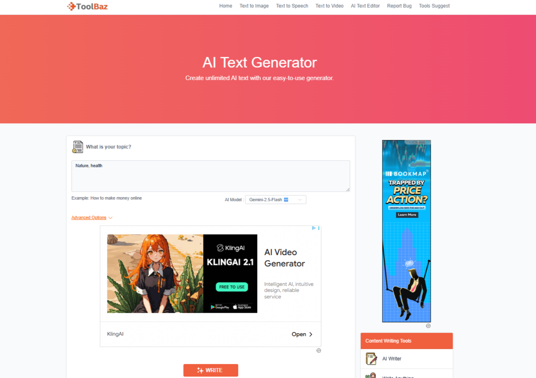 Interface de ToolBaz - le générateur de texte IA gratuit en ligne le plus apprécié