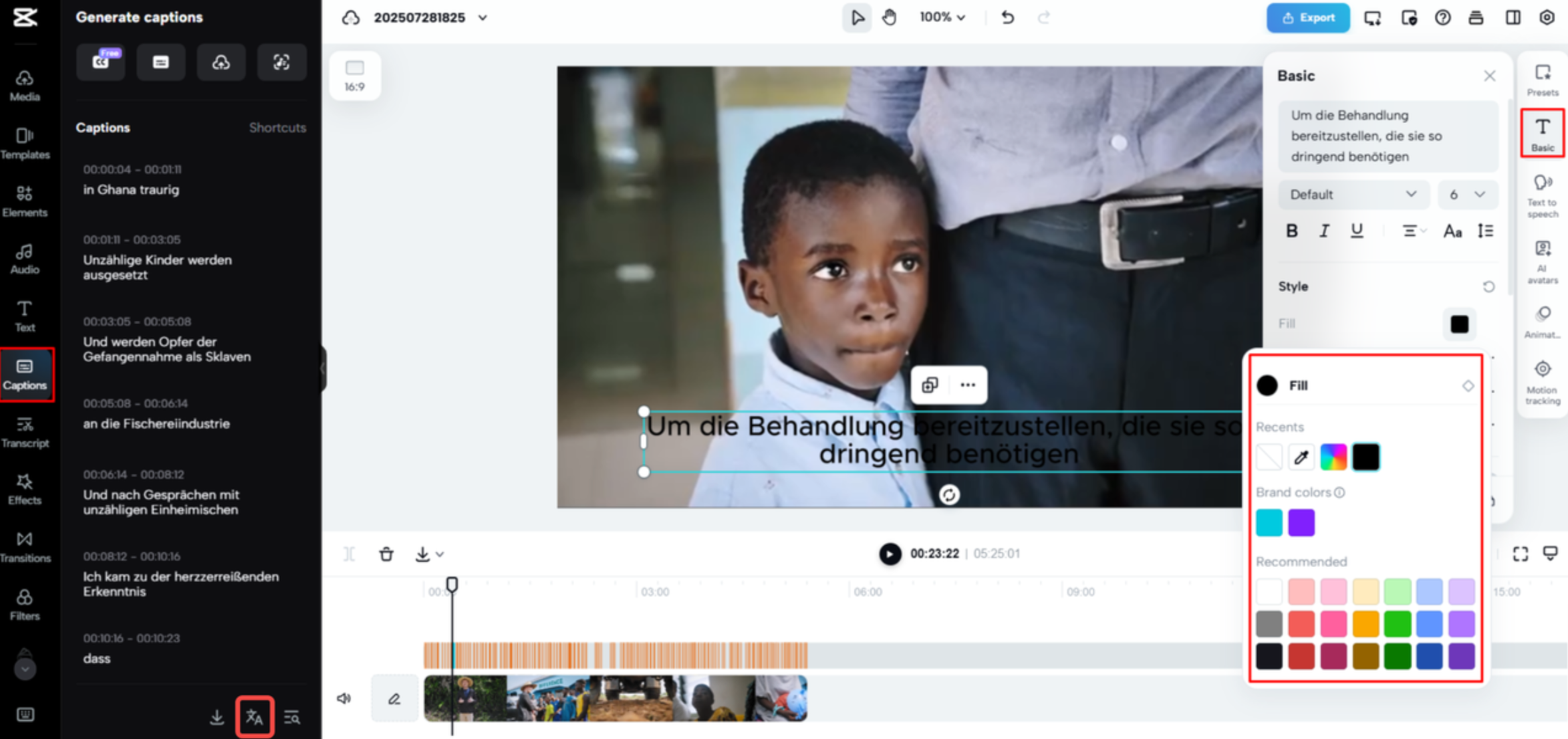 Translating English to German in a video with CapCut Web