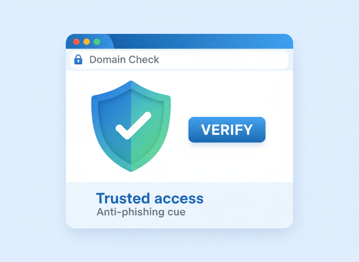 Run the domain check—shield with a check mark and Verify button in a browser window.