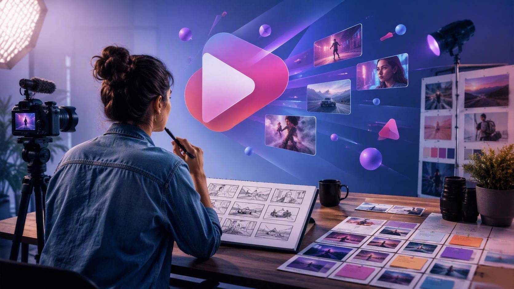 AI video ad production scene with creator storyboard frames and campaign planning visuals.