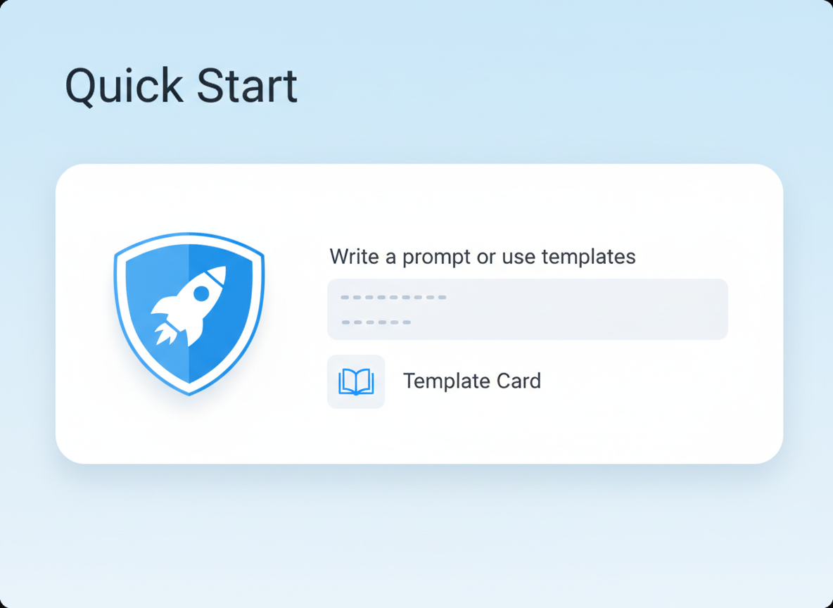Write a prompt or use templates—text field with prompt lines and a template card.