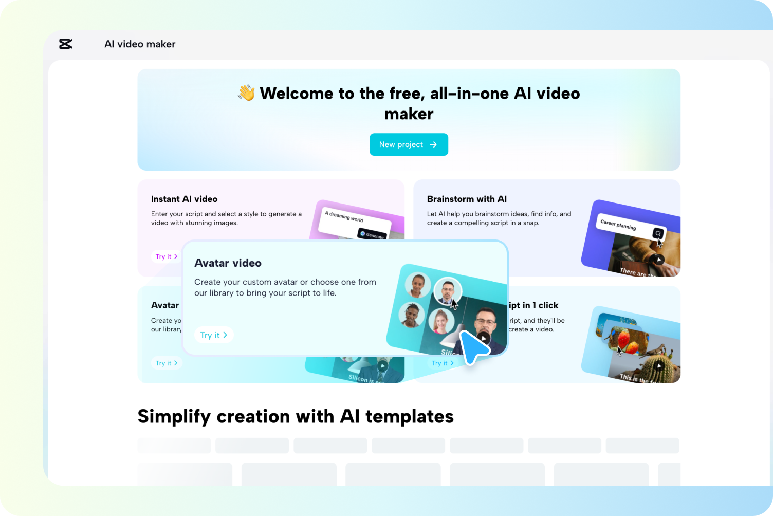 Accessing the AI avatar tool in CapCut