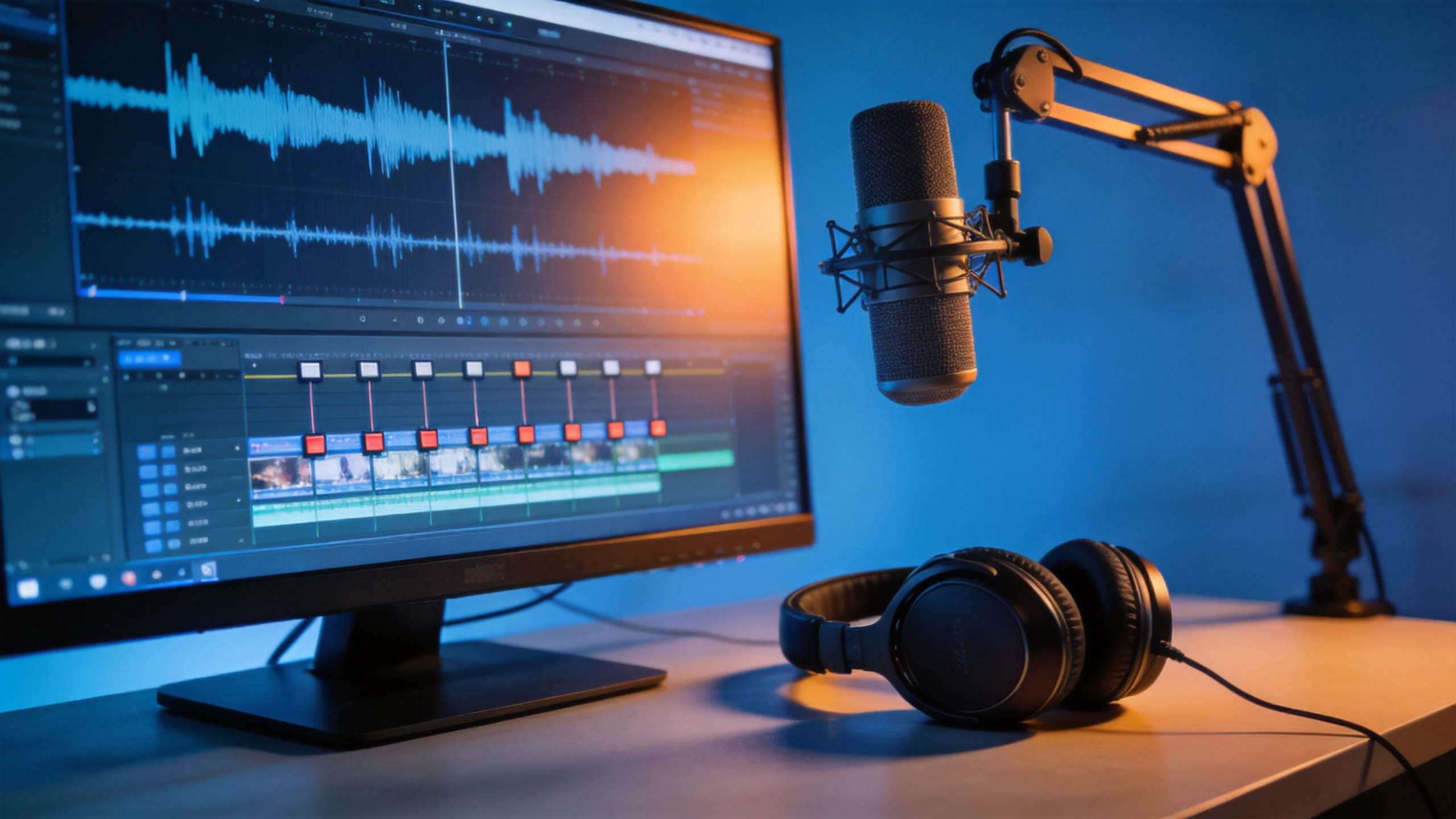 Audio editing setup with monitor, microphone, and headphones on a desk