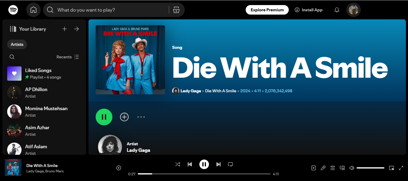 Cover of Die With A Smile – one of Spotify's most streamed songs today