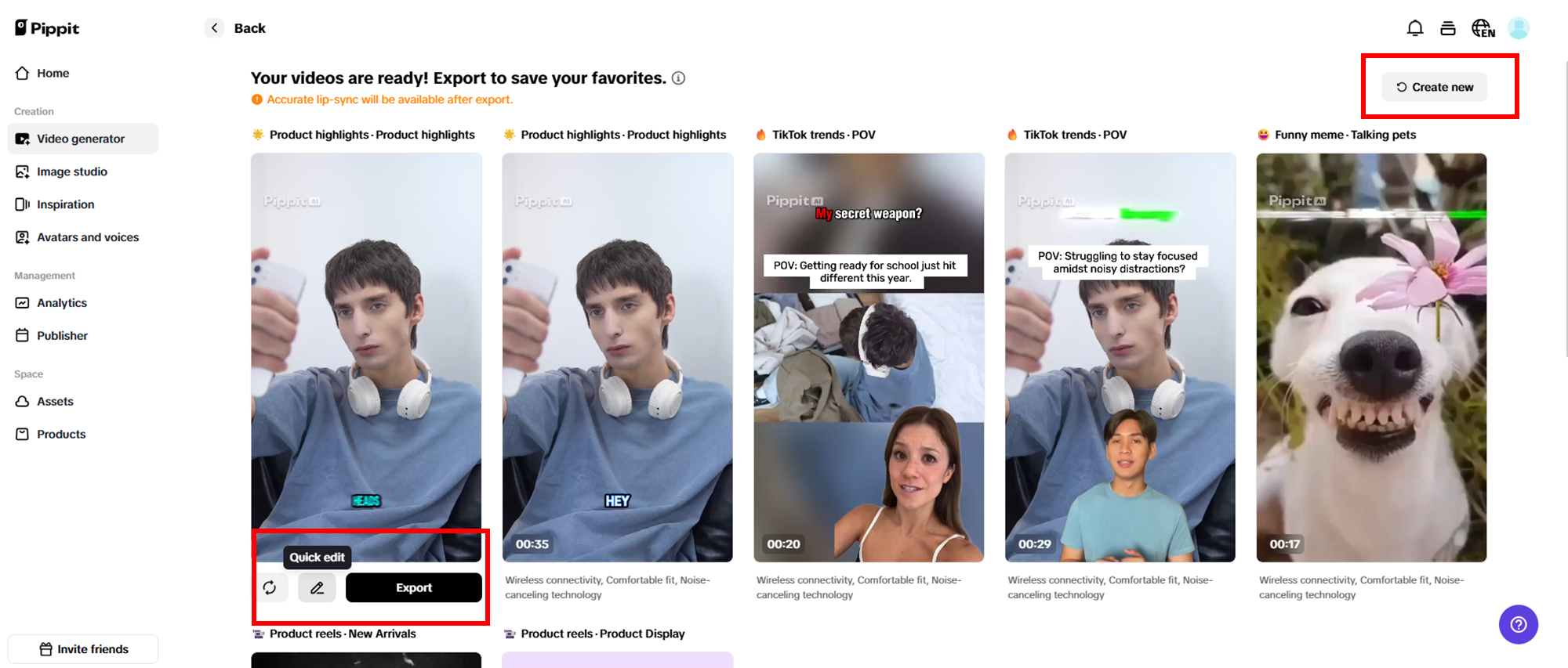 Selecione seu vídeo gerado preferido