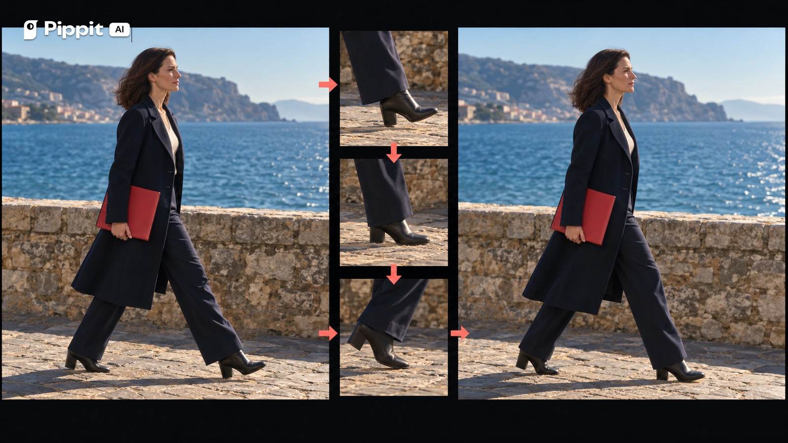 Two seaside walking shots connect through three close foot-contact phases and rightward arrows.
