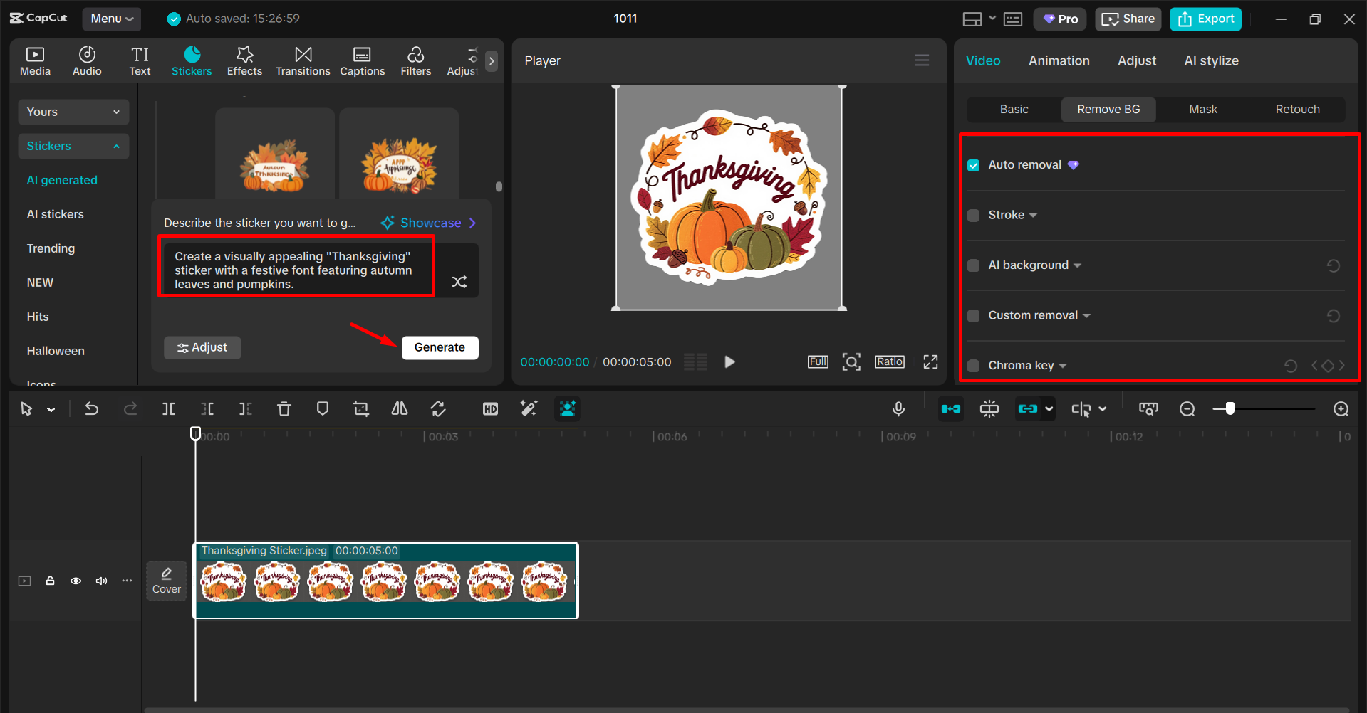 Converting text to a Thanksgiving sticker in the CapCut desktop video editor