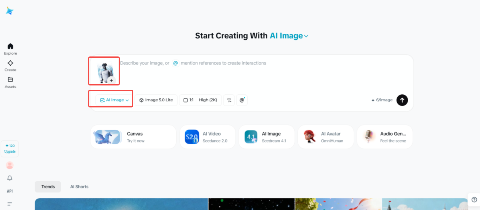 Accessing the "AI Image" feature in Dreamina