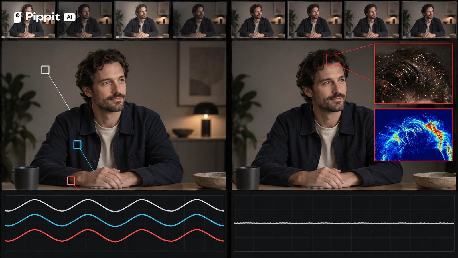 Side-by-side frame sequences compare whole-frame brightness pulsing with local hair sparkle.