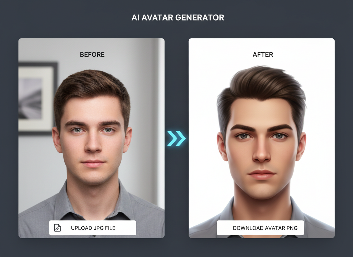 Vorher-nachher-Foto-zu-Avatar-Transformation zeigt einen realistischen KI-Avatar-Kopfbild auf einem sauberen weißen Hintergrund aus einem JPG-Upload.