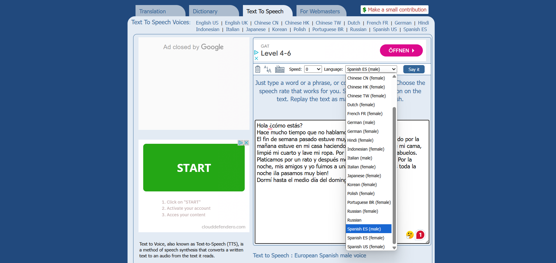 ImTranslator.net Spanish text to speech voice generator interface