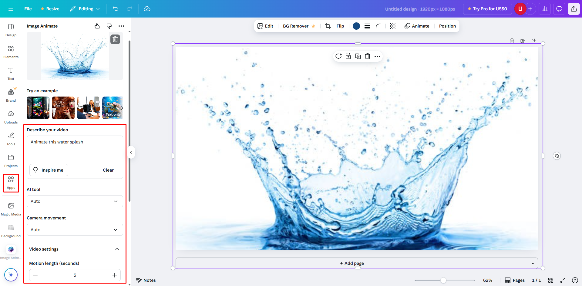 Gamit ang Canva AI image sa video tool