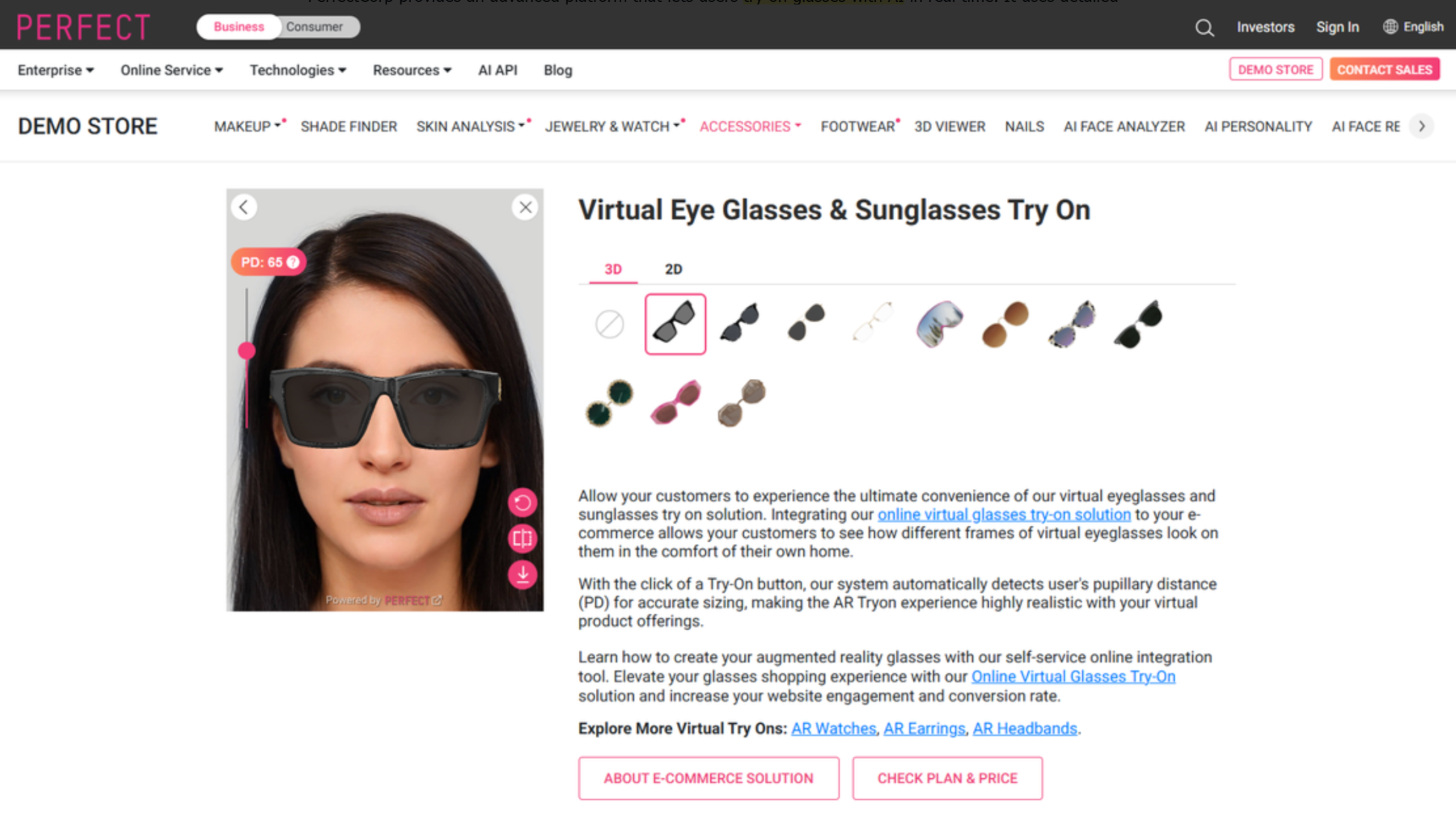 Interface of PerfectCorp - a platform for AI glasses try-on