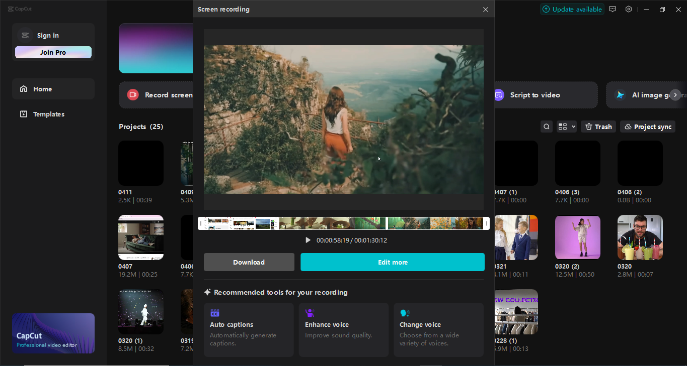 A CapCut asztali videószerkesztő felülete - ingyenes 4k képernyős felvevő éles videókhoz