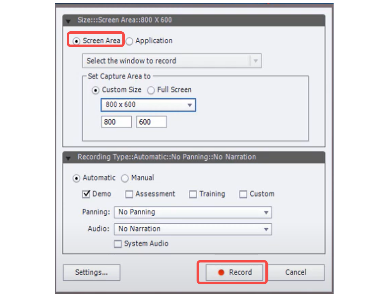 Selecting the screen area to be recorded with the Adobe Screen Recorder