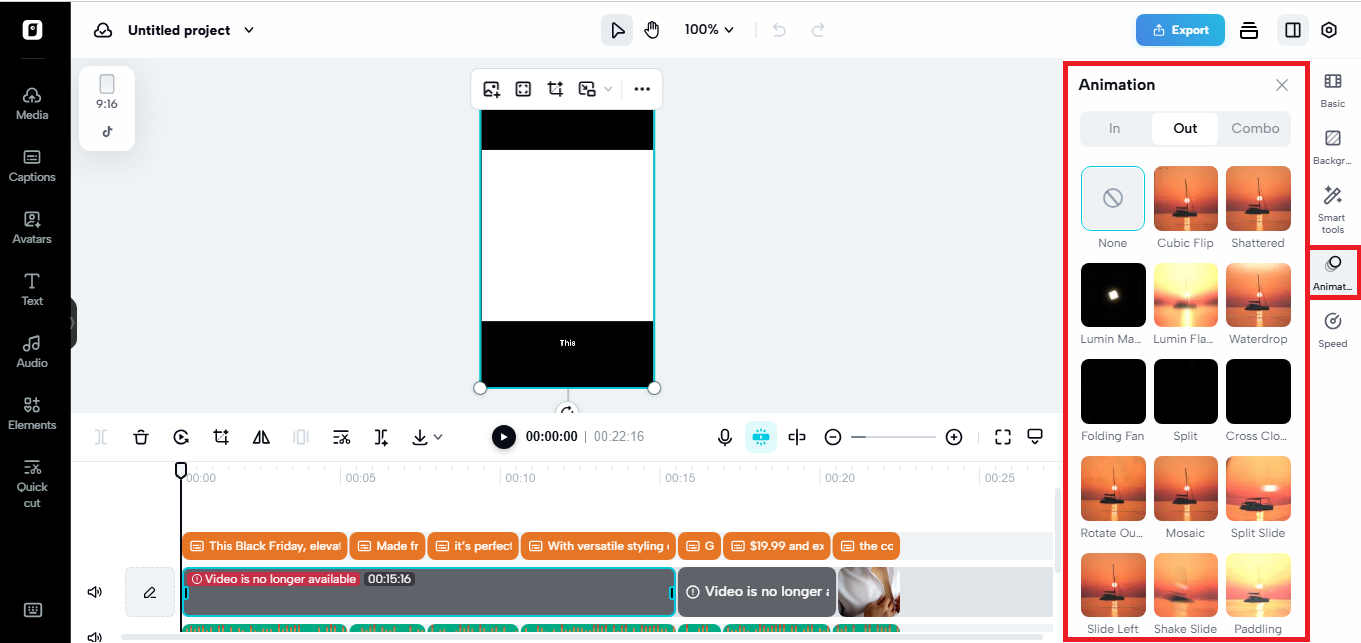 Pippit's video editor with scene transition options