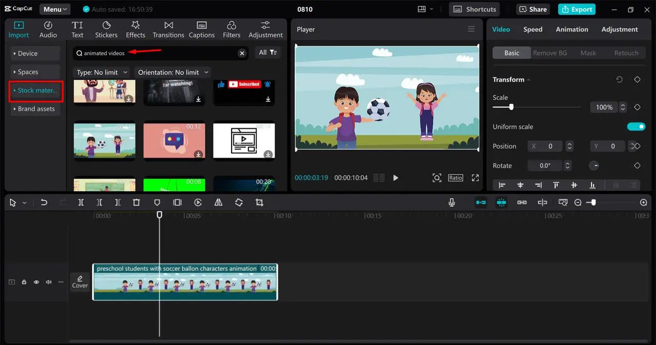 Selecting stock animation assets in CapCut desktop video editor.