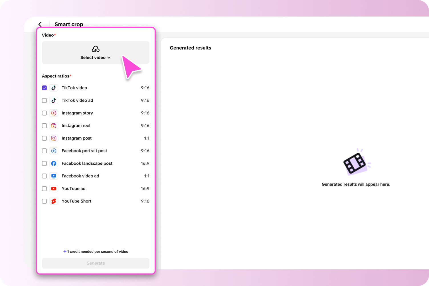 description=Pippit's video editor showing the 'Smart Crop' feature in action, with a horizontal video being reframed to a vertical 9:16 format while keeping the speaker in the center.