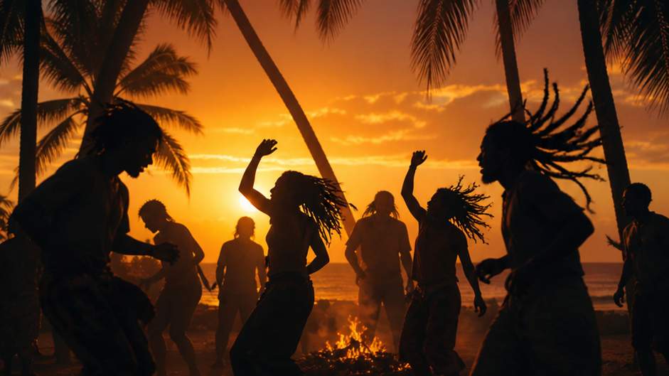 Abandoned Dawn Reggae — silhouettes dancing at sunset beneath palm trees