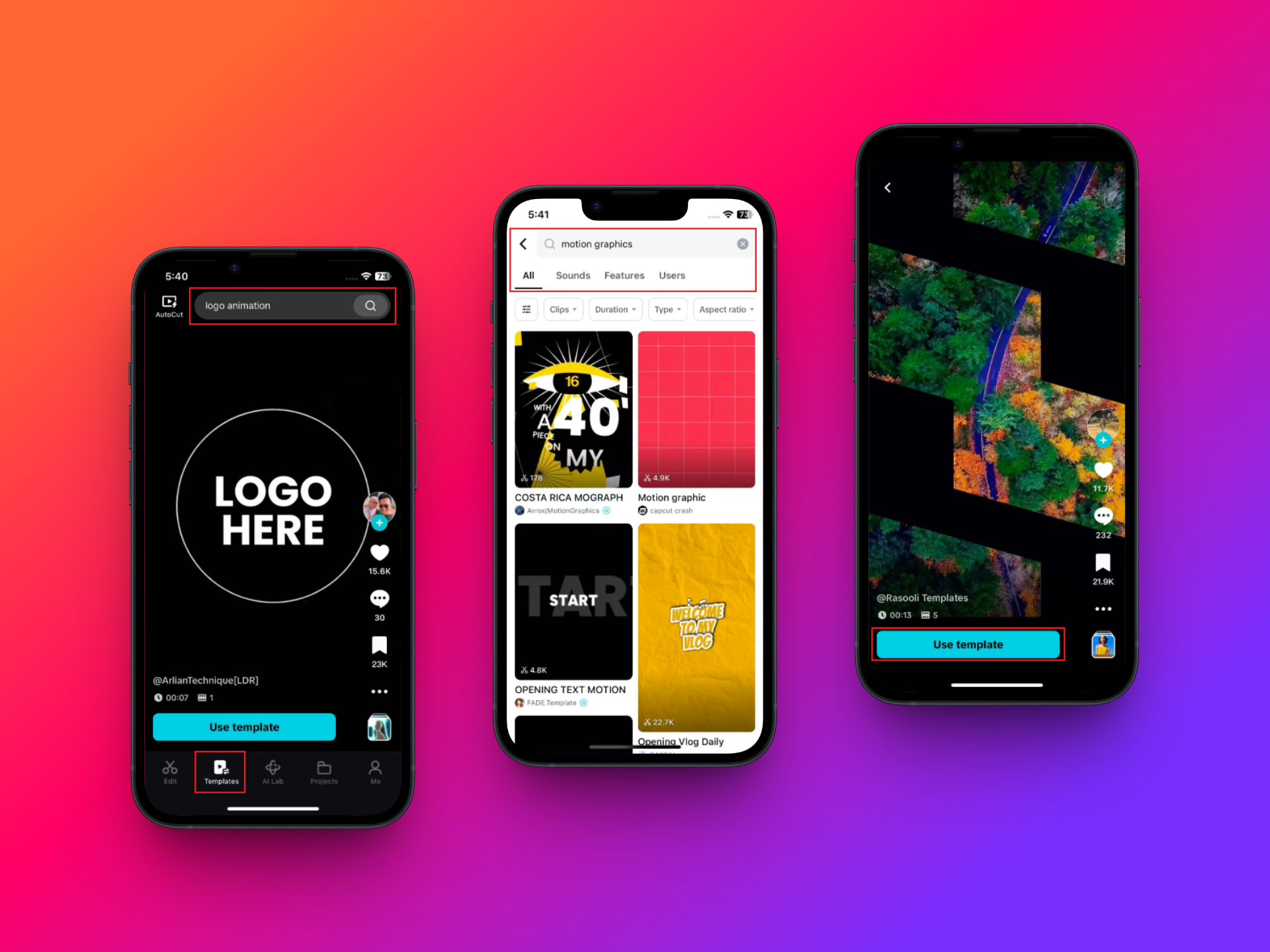 Search for your desired motion graphics template and select it