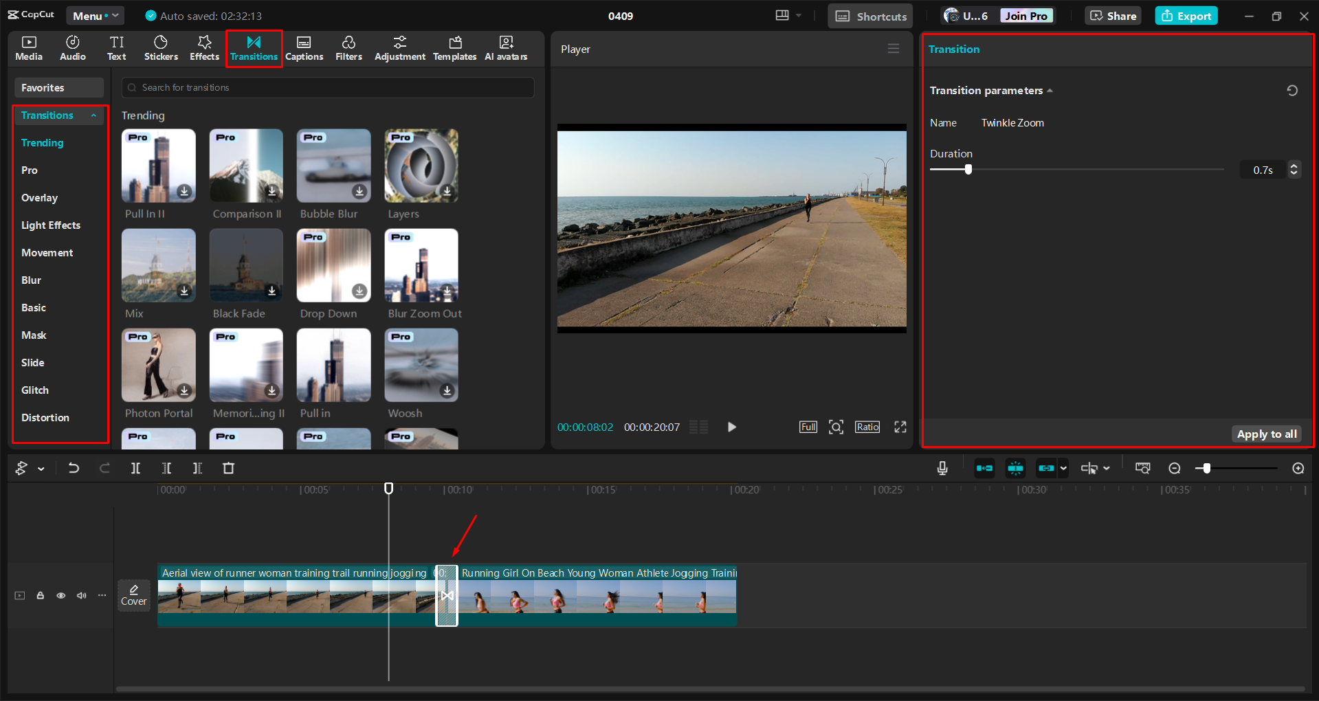 Adding zoom transitions to a video with the CapCut desktop video editor