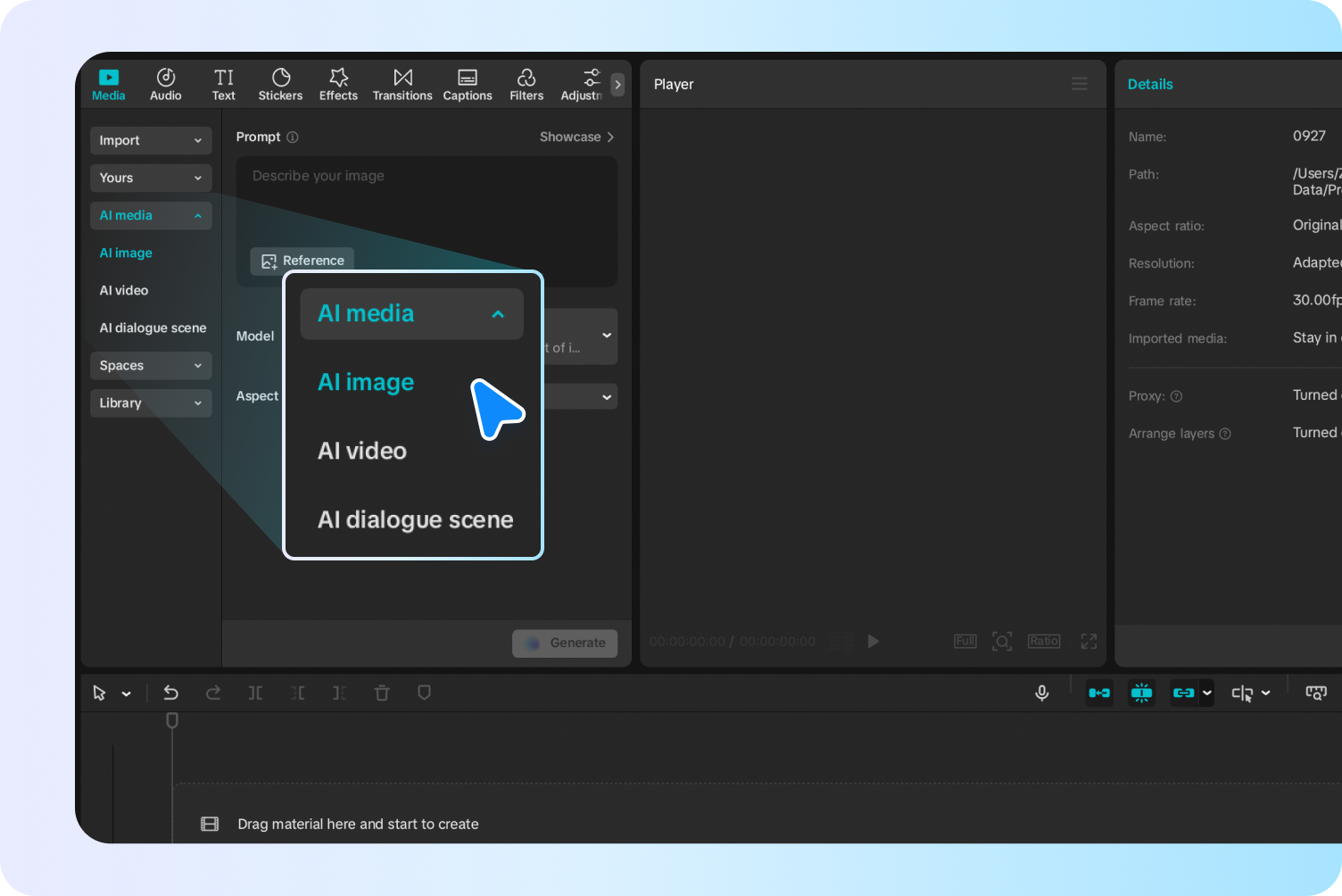 CapCut AI image generator interface with a text prompt