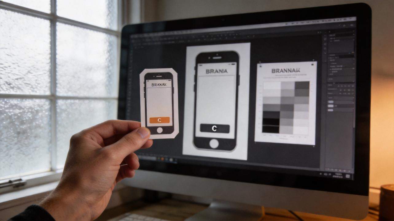 Hand holding a phone mockup in front of a monitor showing monochrome brand designs with orange accent elements