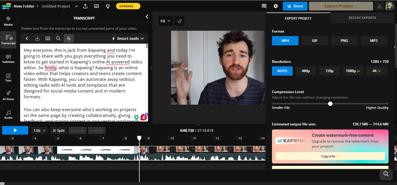 Interface ng Kapwing - isang user-friendly at online na video clip editor